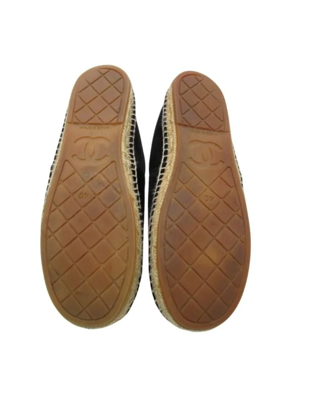 Chanel Slip-on Espadrilles Velour Logo Plate Flat Shoes Jute Black